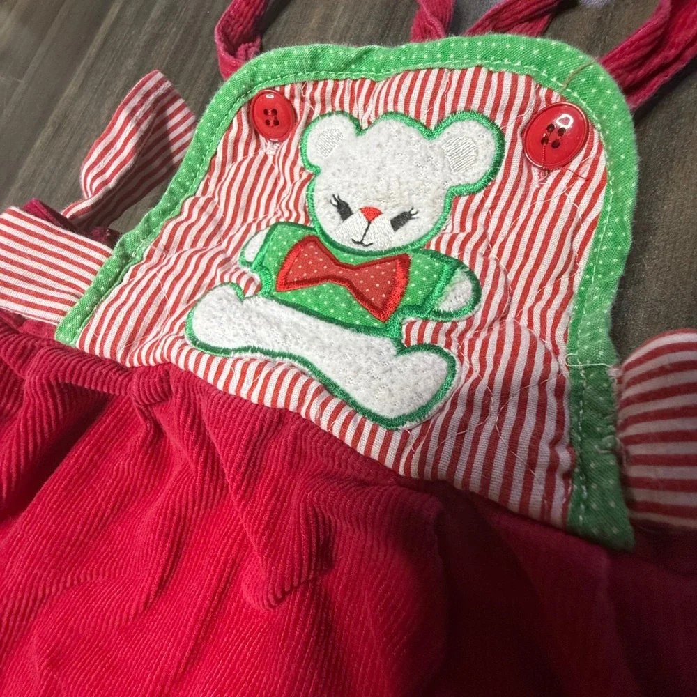 Vintage Hygenic Girl's Red Corduroy‎ Jumper Dress Teddy Bear Applique 24MO